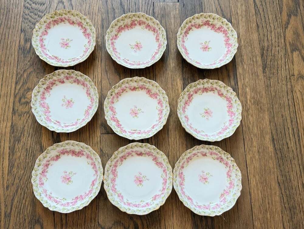 Antique Charles Field Haviland GDA Limoges Dessert Plates, Set of 9, Pink Aster